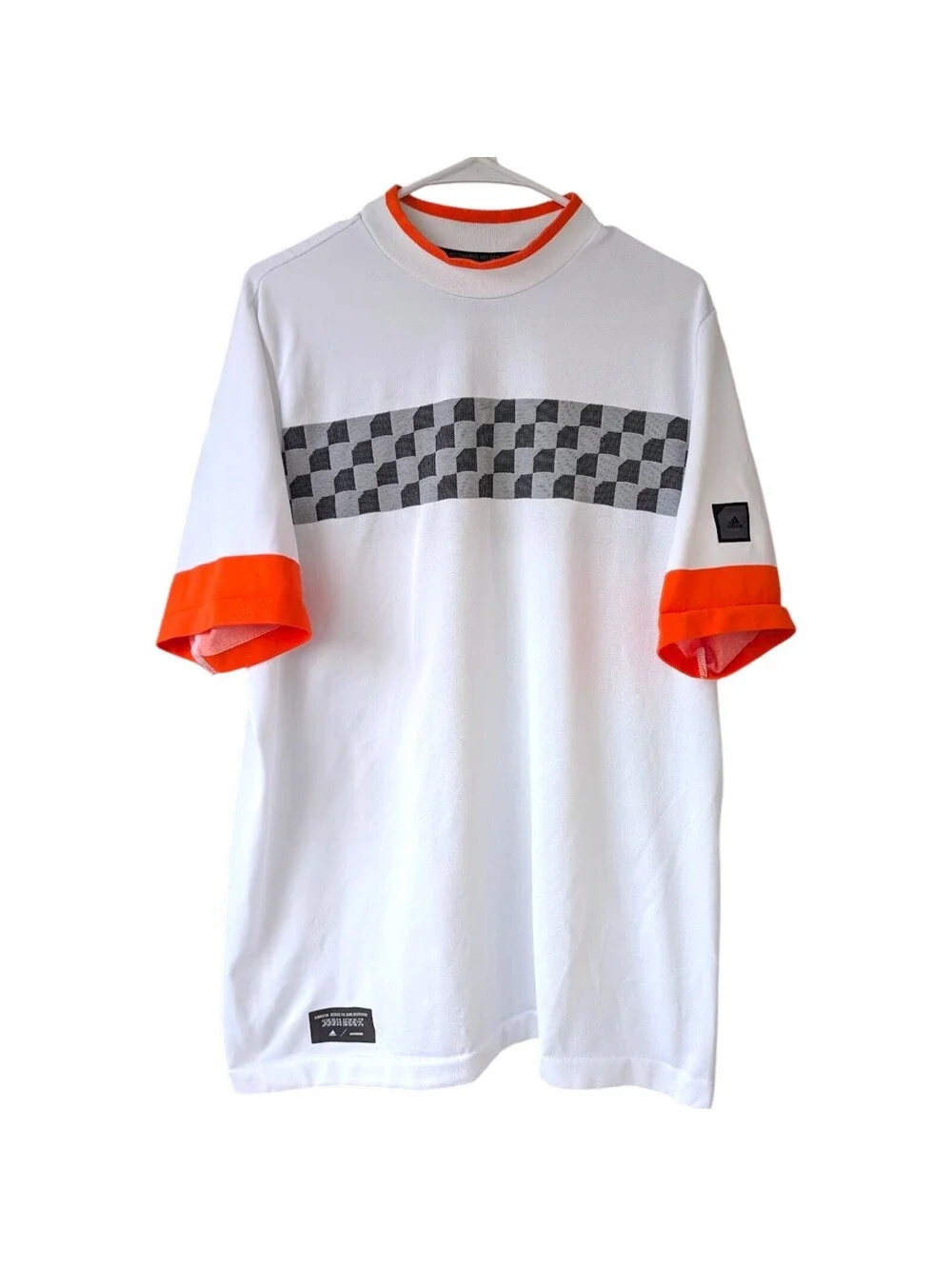 Adidas Adicross Golf Polo Buttonless Shirt L White Orange Gray Checkered Mock